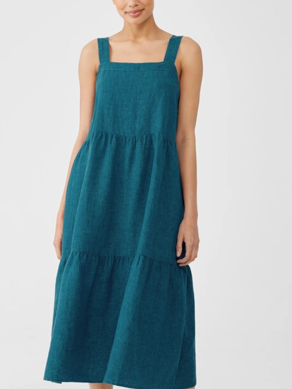 Eileen Fisher Teal Washed Organic Linen Delave Tiered Maxi Dress Size Medium